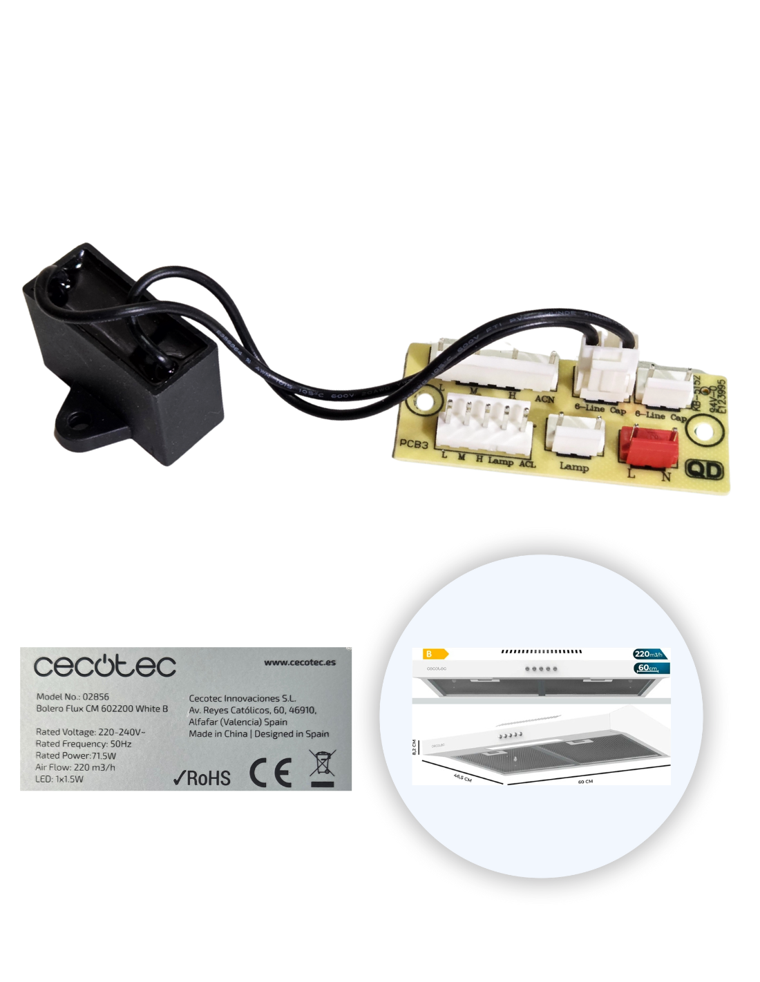 Modulo PCB Campana Bolero Flux 602200 White B, Motor 70W