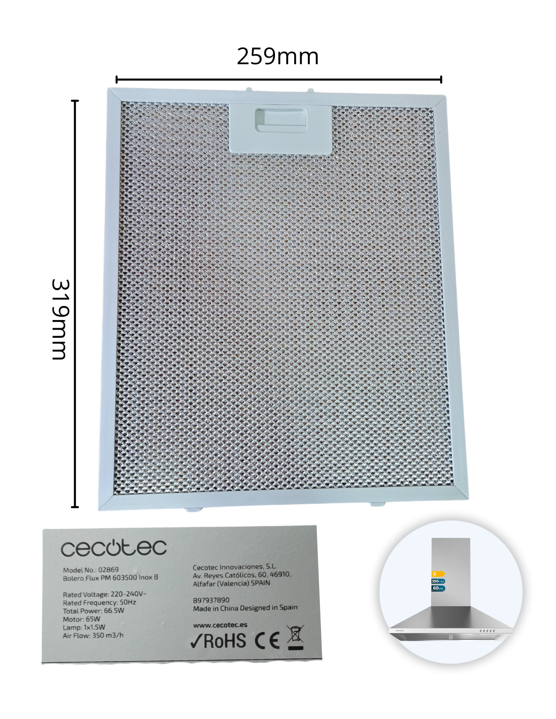 Filtro Campana Bolero Flux PM 603500 Inox B. Motor 65W, Modelo 02869