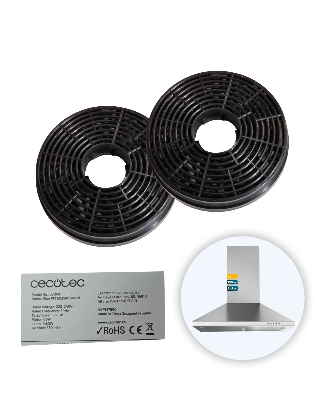 Pack Filtros Carbono Campana Bolero Flux PM 603500 Inox B. Motor 65W