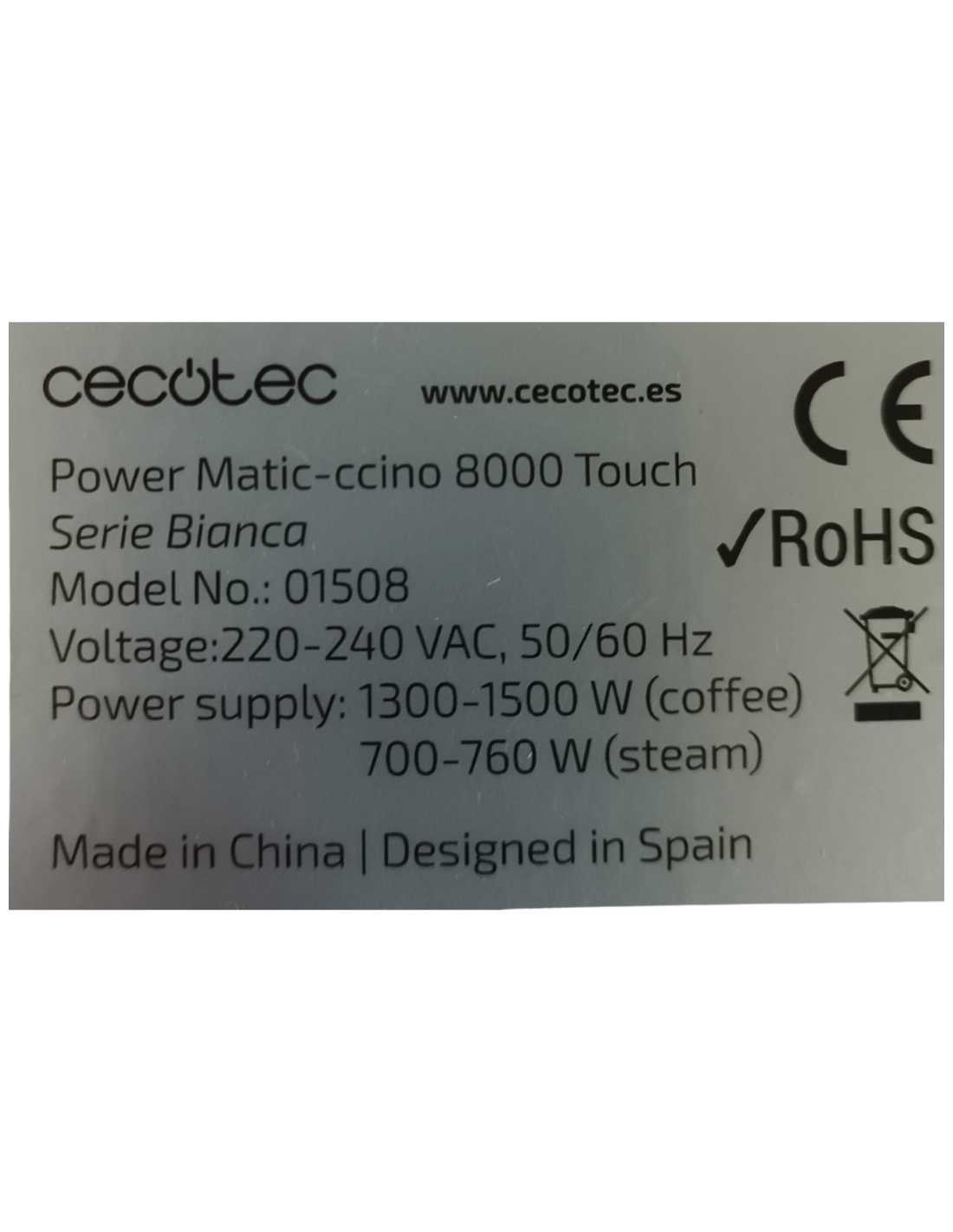 Deposito Cafetera Power Matic-ccino 8000 Touch Serie Bianca